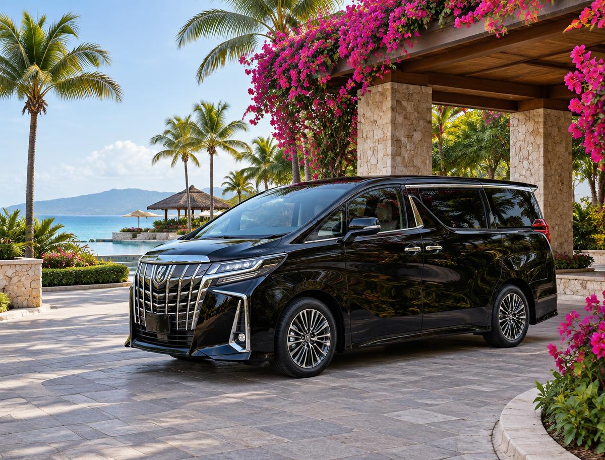 Black Toyota Alphard minivan at a resort entrance framed by bougainvillea