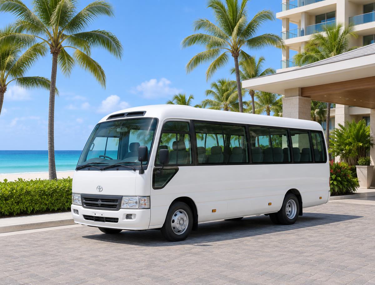 White Toyota Coaster bus parked outside a beach hotel among palms