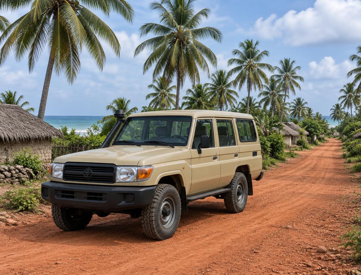Khaki Land Cruiser 4x4 on a red dirt village road with coconut palms