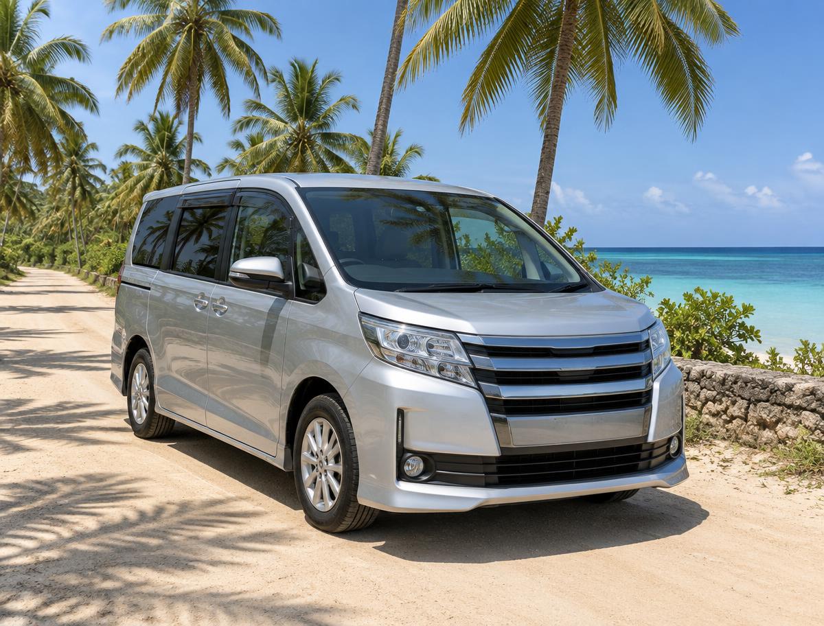 Silver Toyota Noah minivan on a palm-lined sandy road in Zanzibar