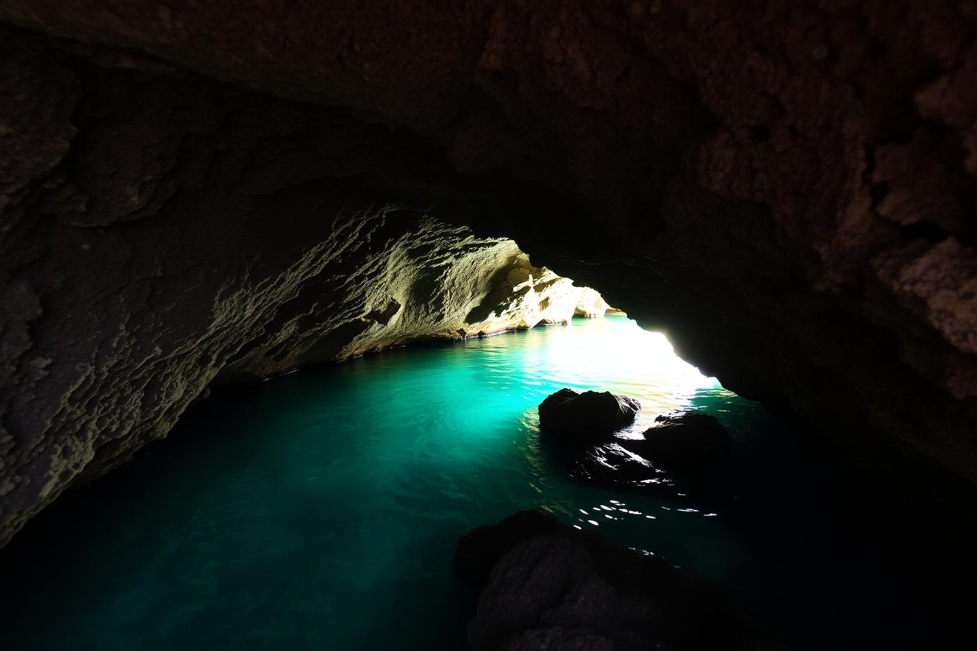 Coral rock coastline and cave entrance on the north-west coast of Zanzibar