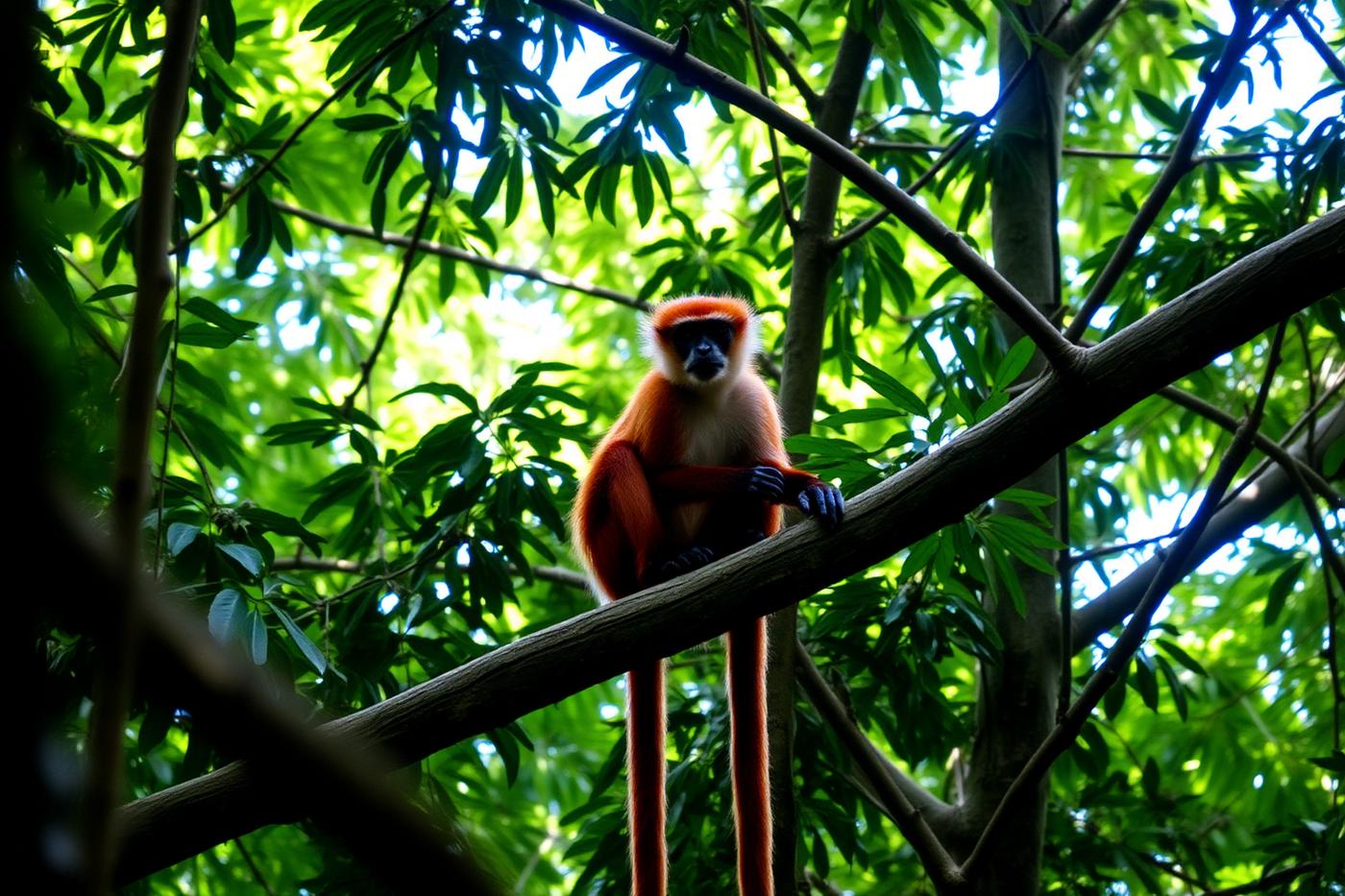 Red colobus monkey sitting in the canopy of Jozani Forest, Zanzibar