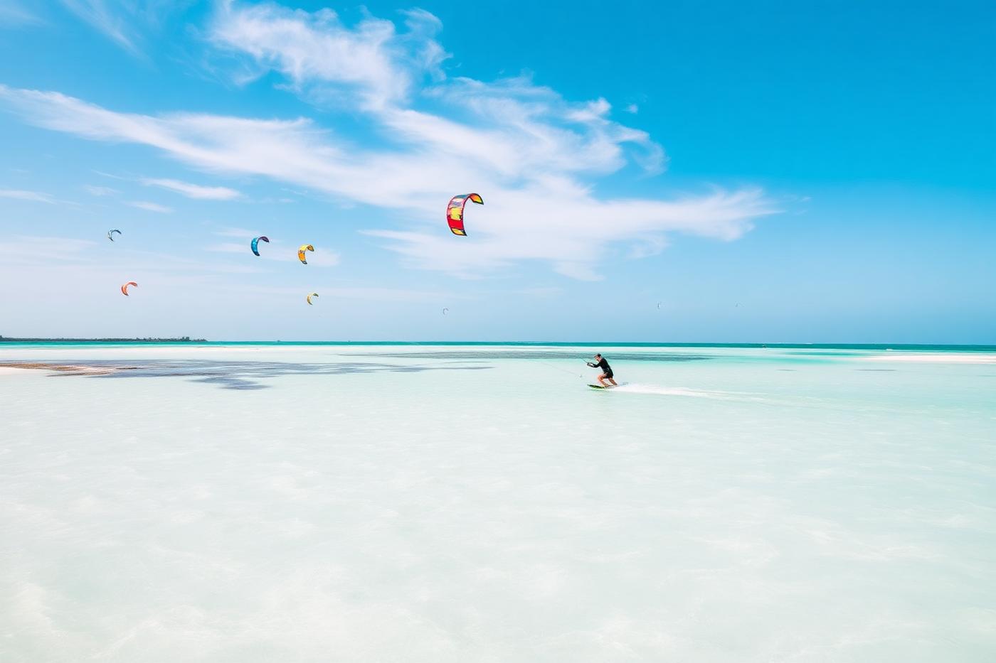 Kitesurfer riding flat shallow water off Paje beach, Zanzibar