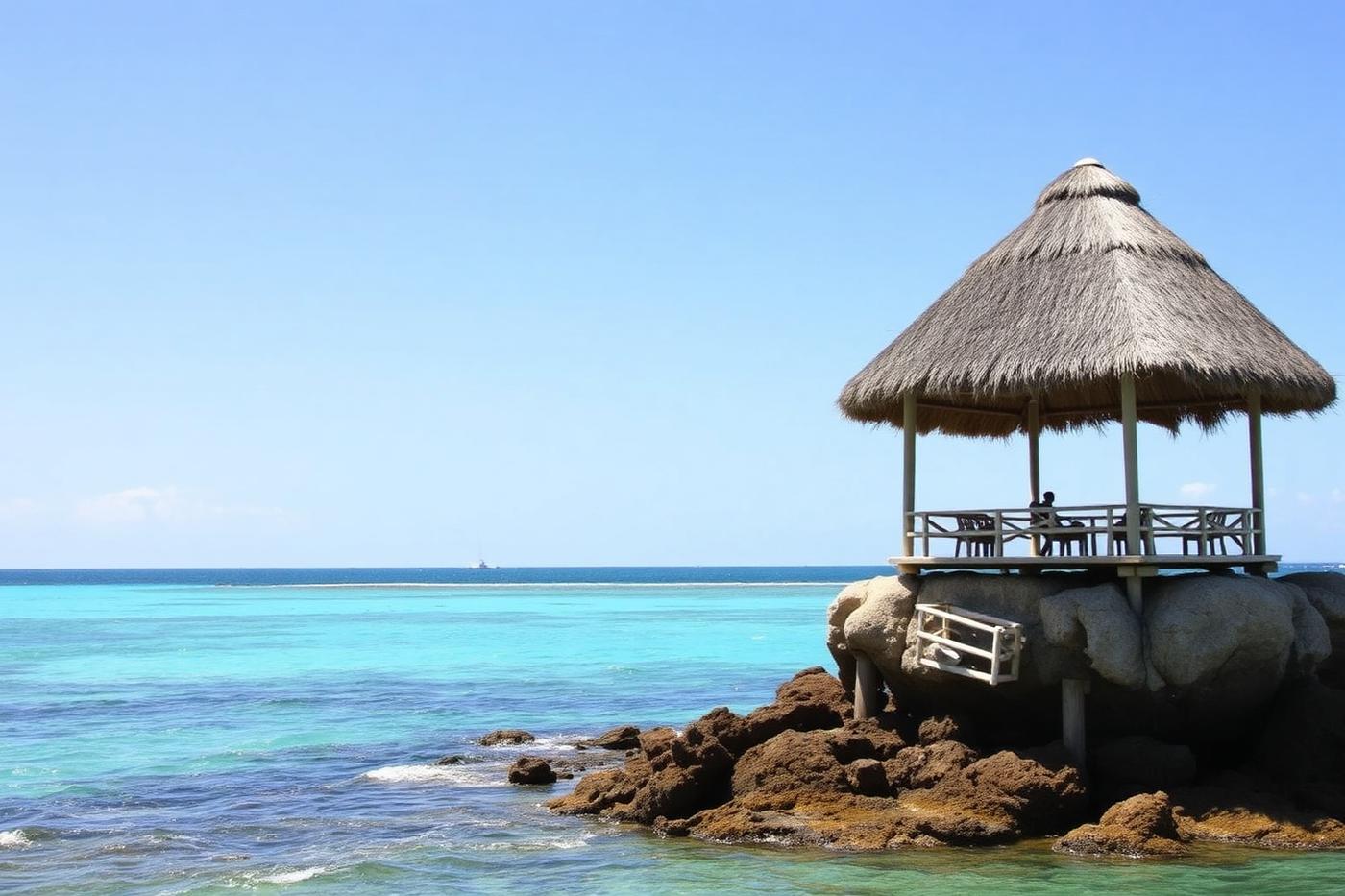 Restaurant standing on a coral outcrop in the sea on the east coast of Zanzibar