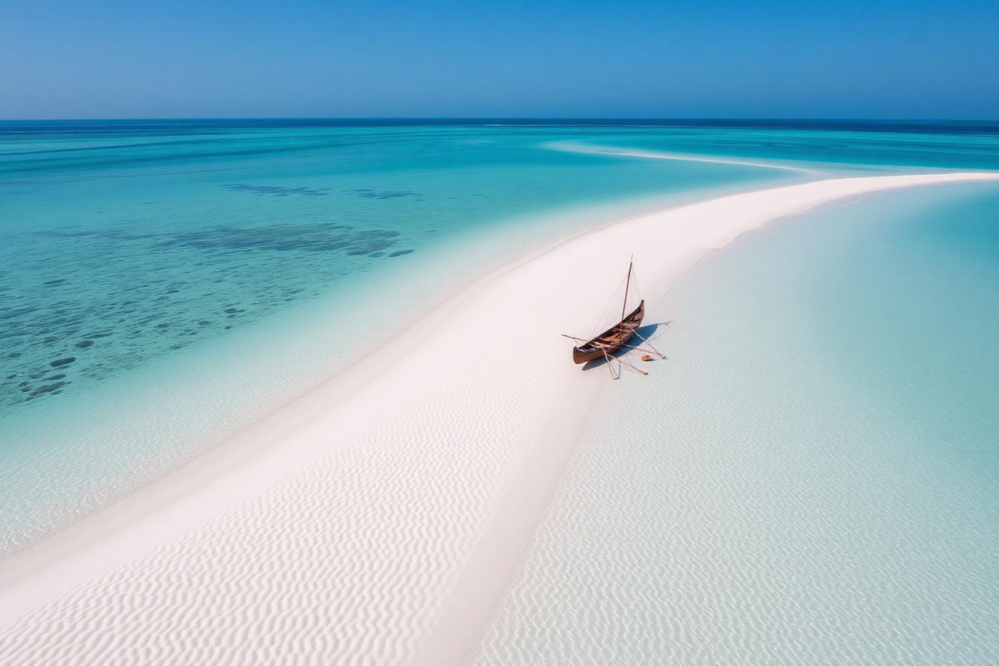 Pale sandbank and shallow turquoise sea off Zanzibar at low tide