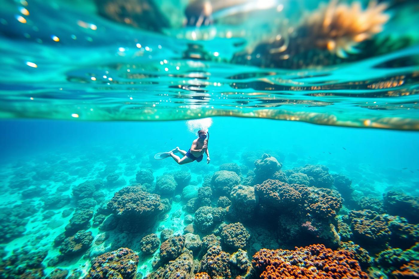 Snorkeller swimming above a shallow coral reef in clear tropical water