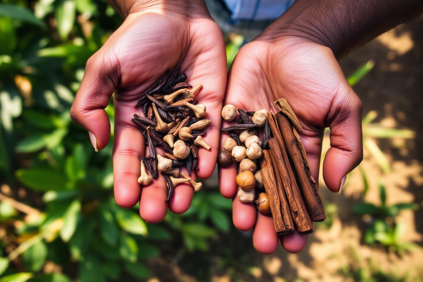 Whole spices and dried cloves laid out on a tropical spice farm