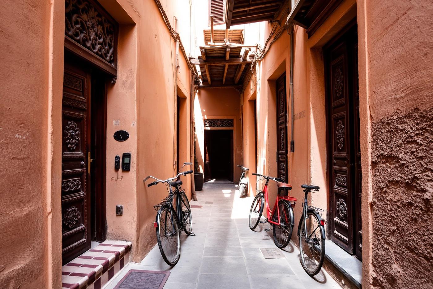 Narrow coral stone alleyway in Stone Town, Zanzibar, with carved wooden doors