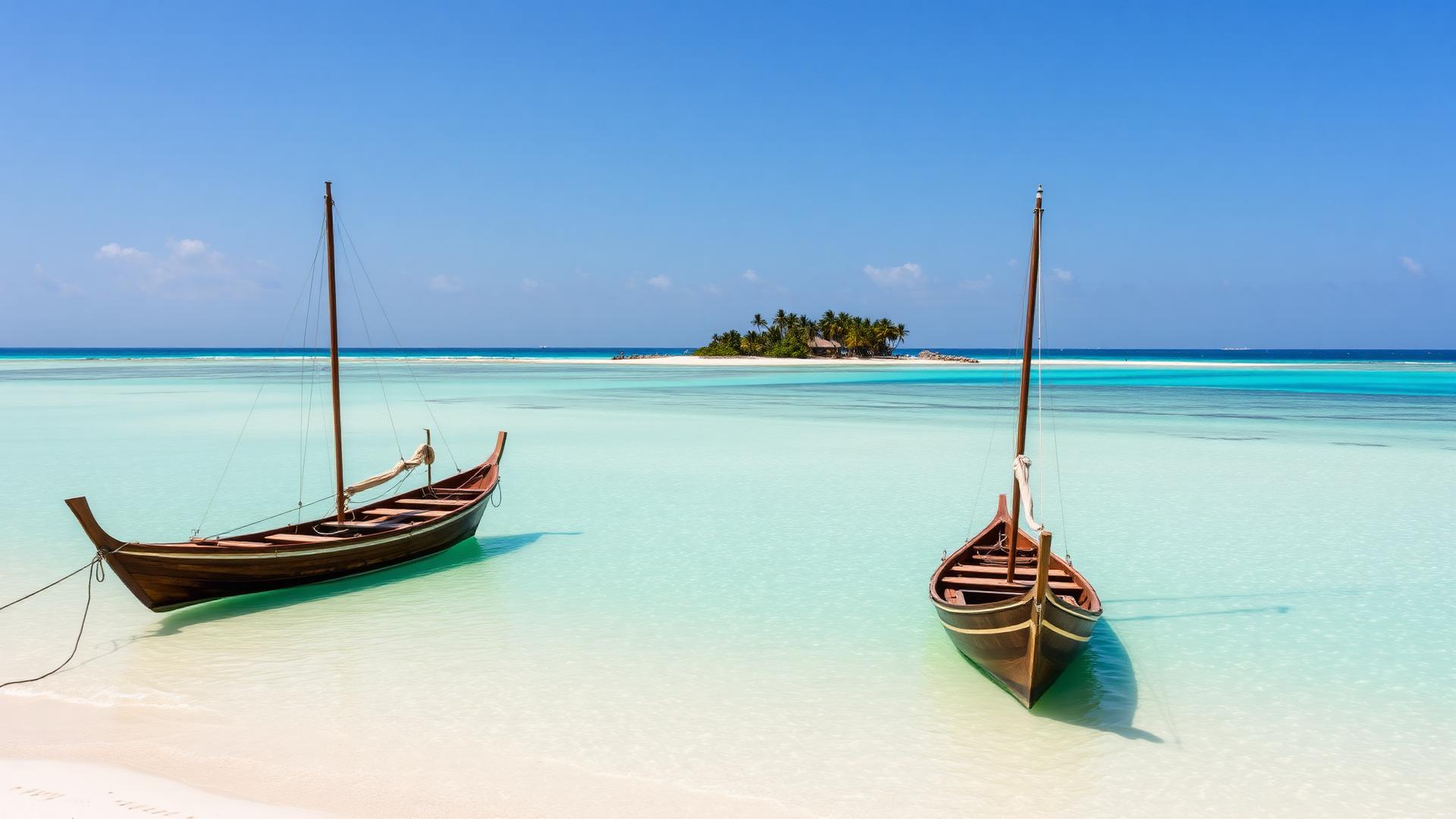 Wooden dhows moored on turquoise water off the Zanzibar coast at midday