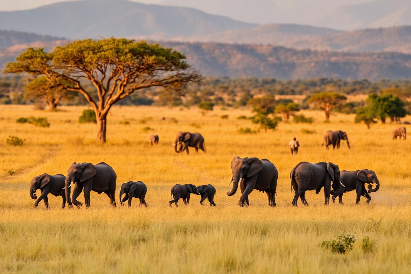 Elephant herd crossing open grassland in a Tanzanian national park