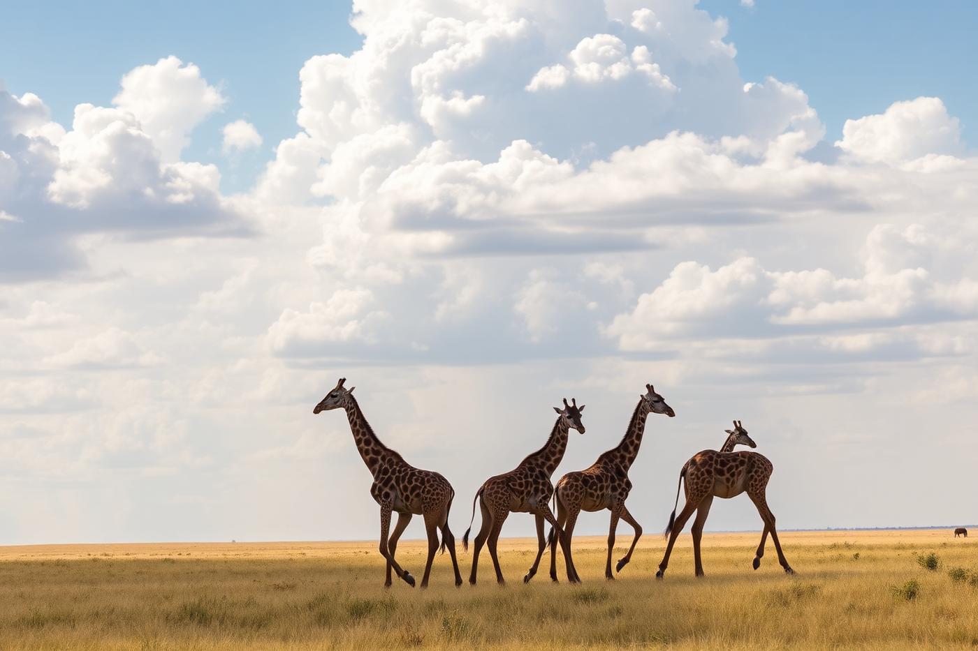Giraffes walking across the Serengeti plains under an open sky