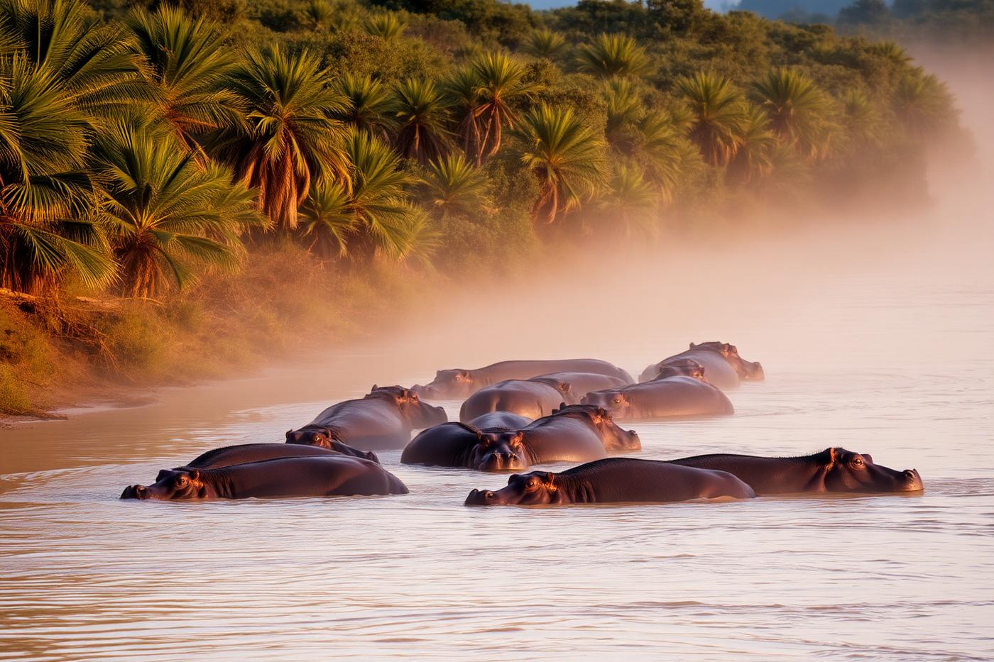 Hippos in a wide river channel at sunrise in southern Tanzania
