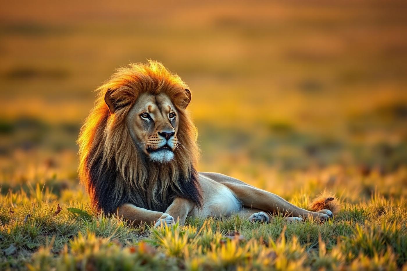 Lion resting on the short grass plains of the Serengeti at golden hour