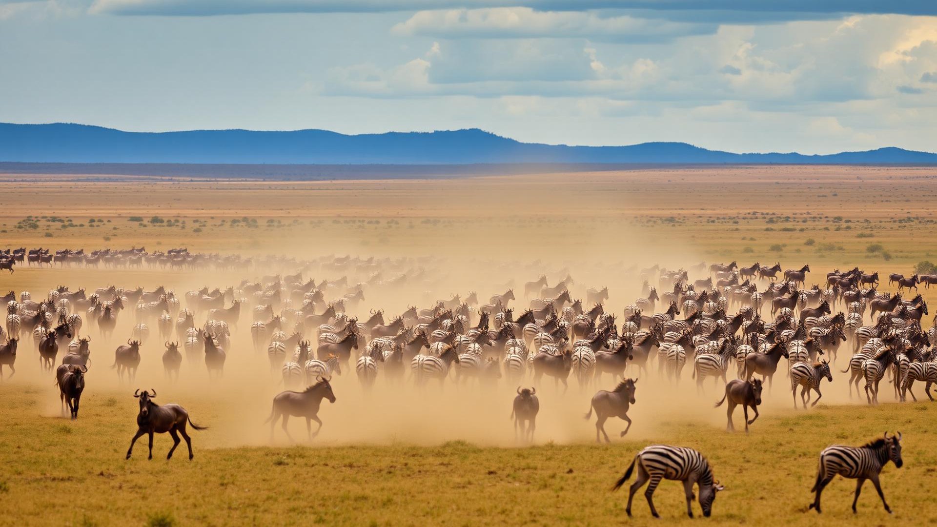 Zebra herd crossing the open plains of the Serengeti